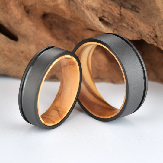 Olive Wood Black Titanium Women's Wedding Band 4MM - Rings By Pristine 