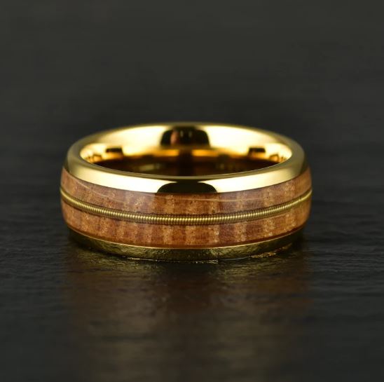 Whiskey Barrel Wood Guitar String Yellow Tungsten Men's Wedding Band 8MM - Rings By Pristine 
