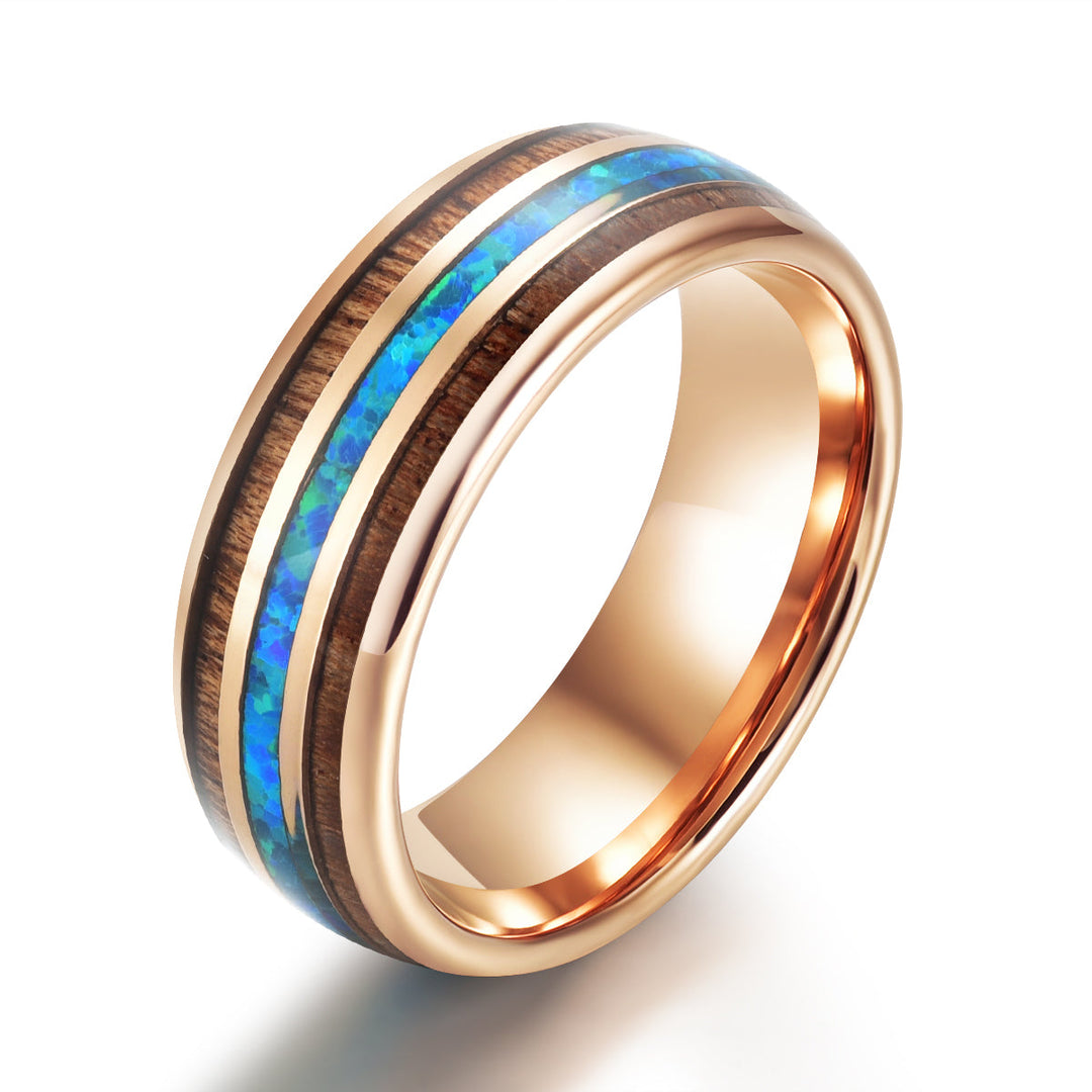 Rose Tungsten Koa Wood Opal Men's Wedding Band 8MM - Rings By Pristine 