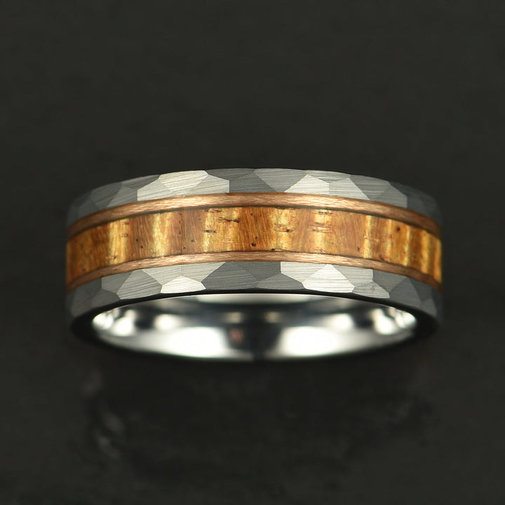 Hawaiian Koa Wood Hammered Tungsten Mens Wedding Band 8MM