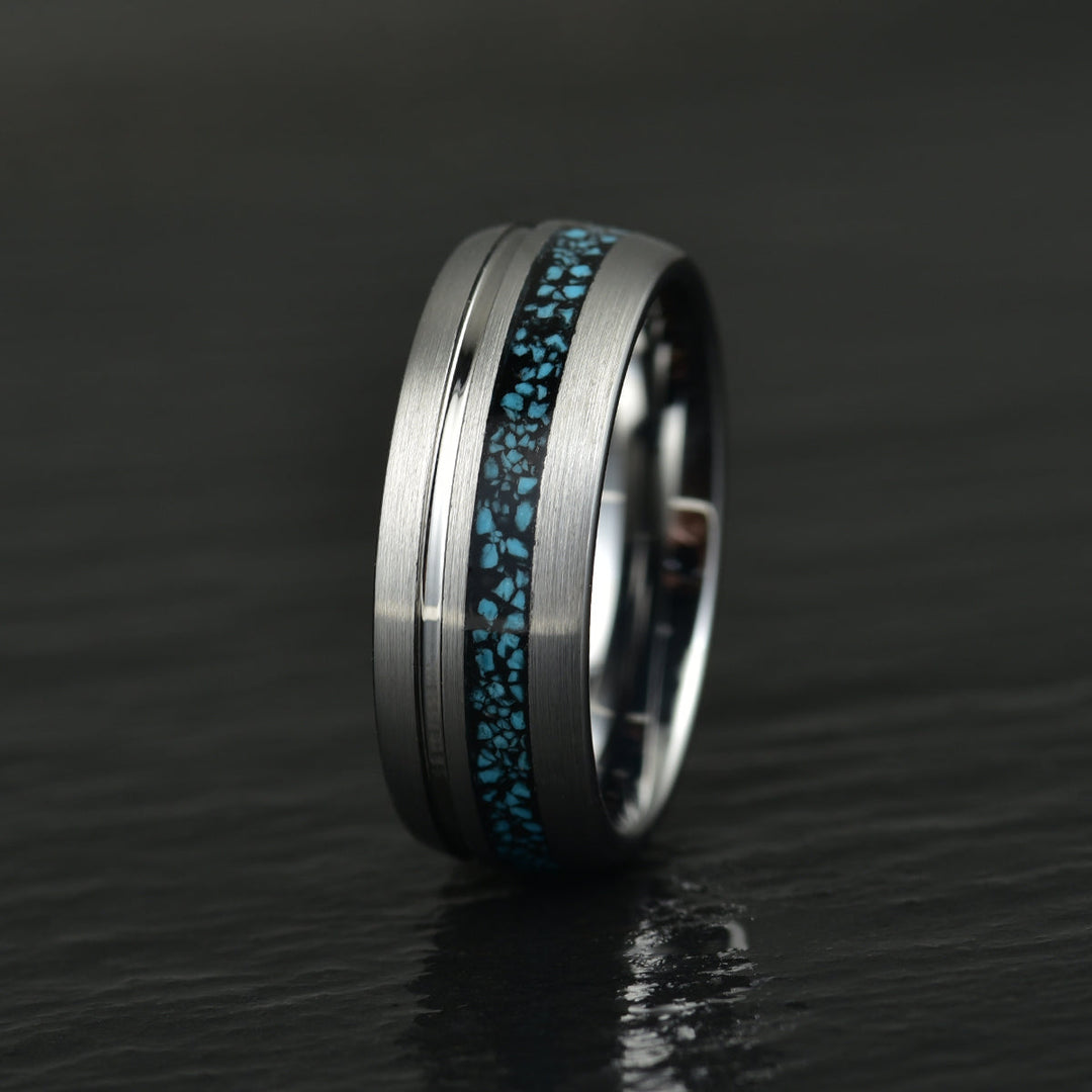 Turquoise Grey Tungsten Men's Wedding Band 8MM - Rings By Pristine 