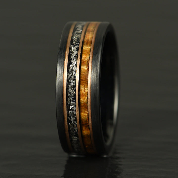 Hawaiian Koa Wood & Meteorite Black Tungsten Mens Wedding Band 8MM - Rings By Pristine 