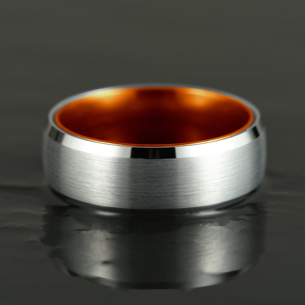 Pristine Passion Orange Interior Silver Tungsten Wedding Band 8MM - Rings By Pristine 