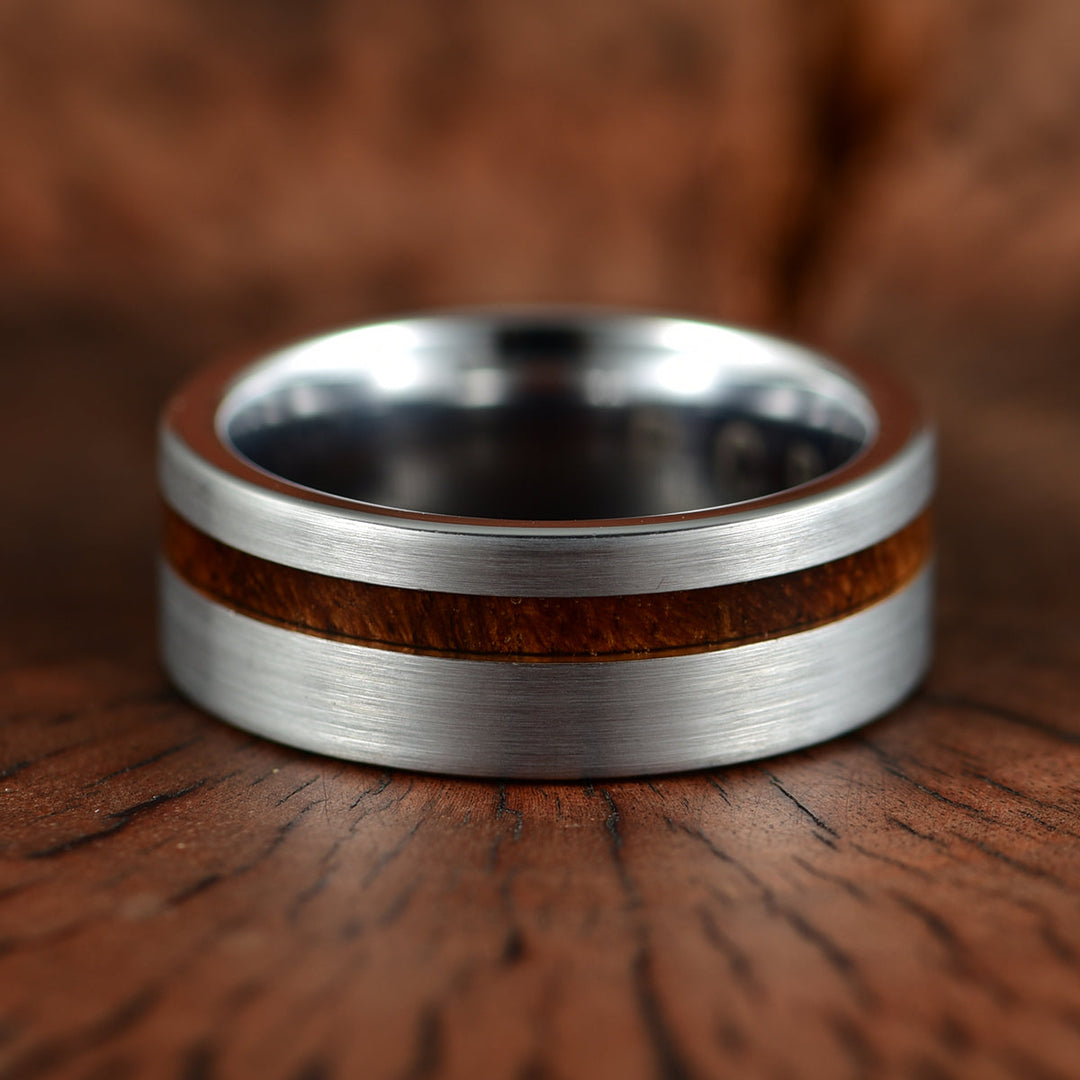 Silver Tungsten Koa Wood Inlay Men's Wedding Band - Rings By Pristine 