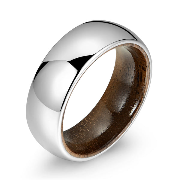 Rounded Glossy Silver Tungsten Walnut Wood Men's Wedding Band 8MM - Rings By Pristine 