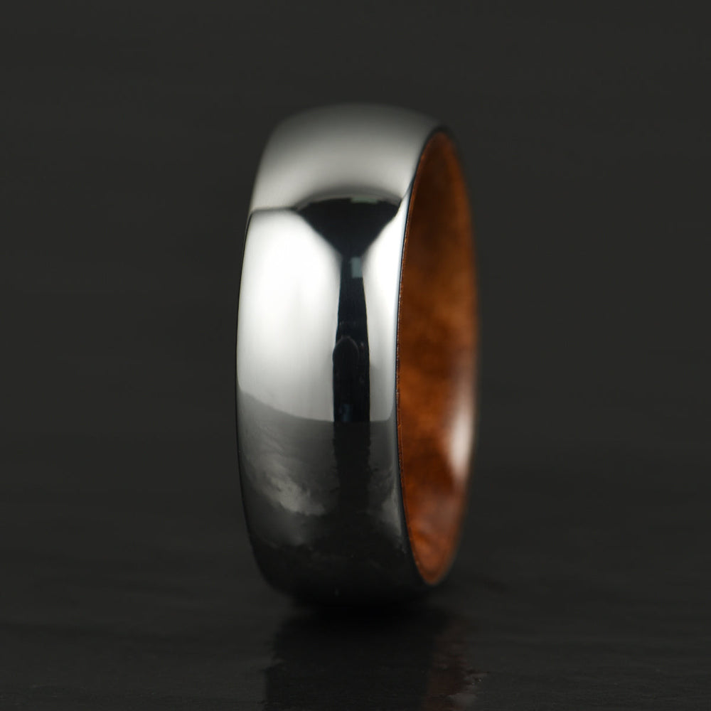 Rounded Comfort Fit Polished Silver Titanium Koa Wood Men's Wedding Band 8MM - Rings By Pristine 
