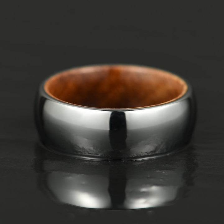 Rounded Comfort Fit Polished Silver Titanium Koa Wood Men's Wedding Band 8MM - Rings By Pristine 