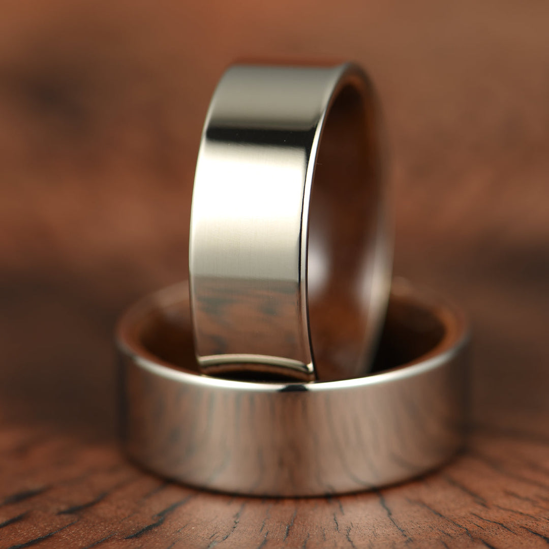 Flat Glossy Silver Tungsten Walnut Wood Men's Wedding Band 8MM - Rings By Pristine 