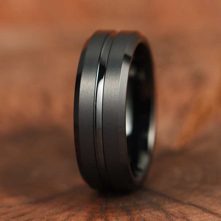 Black Tungsten Ridged Men's Wedding Band 8MM - Rings By Pristine 