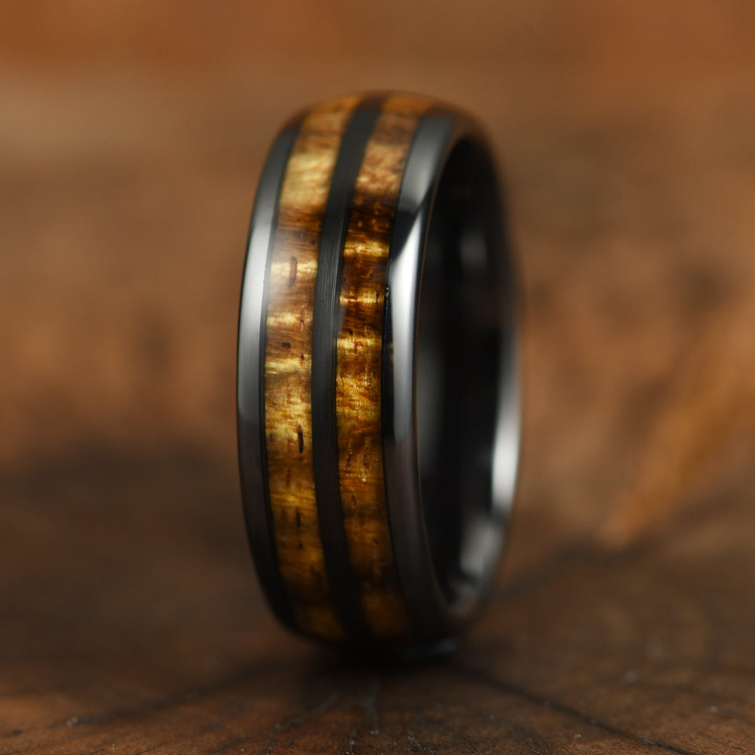 Tungsten Koa Wood Black Inlay Men's Wedding Band 8MM - Rings By Pristine 