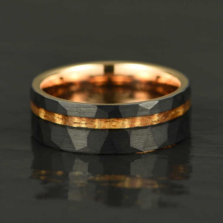 Hammered Tungsten Rose Tungsten Interior Koa Wood Inlay Men's Wedding Band 8MM