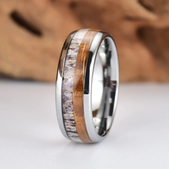 Tungsten Antler Whiskey Barrel Wood Men's Wedding Band 8MM - Rings By Pristine 