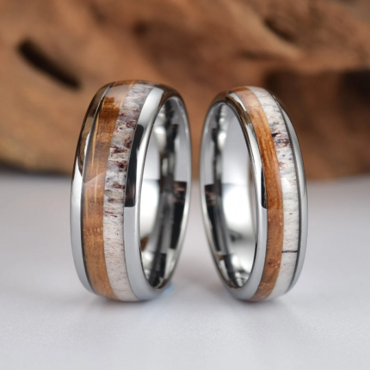 Tungsten Antler Whiskey Barrel Wood Men's Wedding Band 8MM - Rings By Pristine 