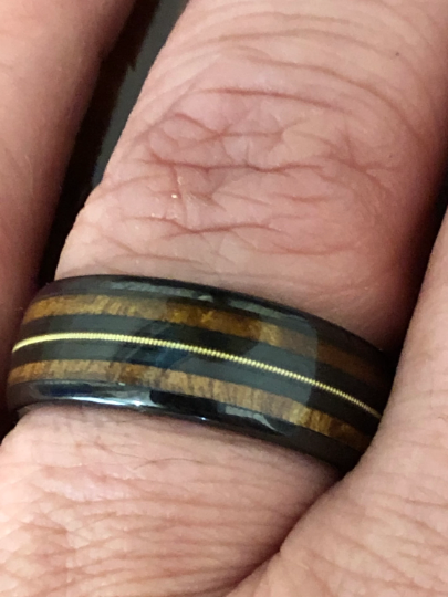 Black Ceramic Koa Wood Guitar String Men's Wedding Band 8MM - Rings By Pristine 