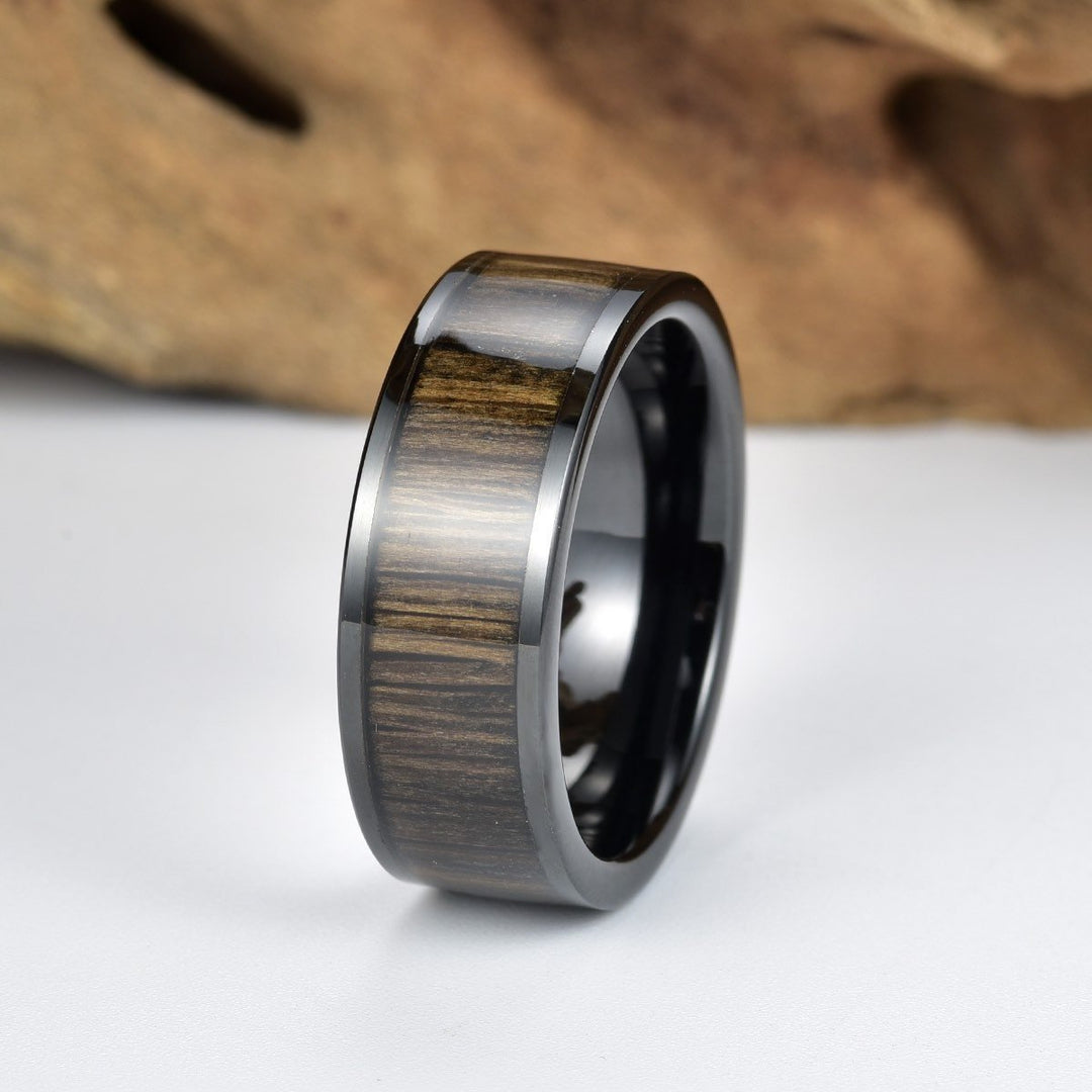 Ancient Bog Oak Black Tungsten Ring Men's Wedding Band 8MM - Rings By Pristine