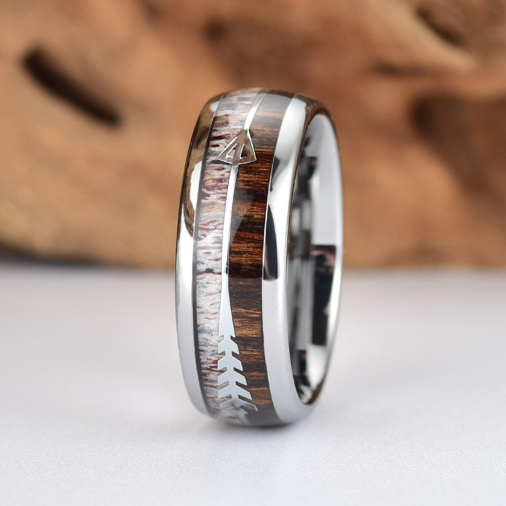 Antler Koa Wood Ring Tungsten Men's Wedding Band 8MM - Rings By Pristine