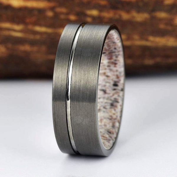 Antler Tungsten Silver Metal Grey Brushed Finished Band Antler Ring Antler Men's 8mm Comfort Fit Wedding Band Rings By Pristine - Rings By Pristine