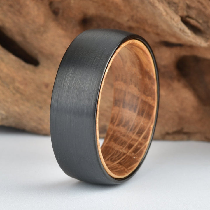 Black Tungsten Lined with Whisky Barrel White Oak Men's Wedding Band 5MM-8MM - Rings By Pristine