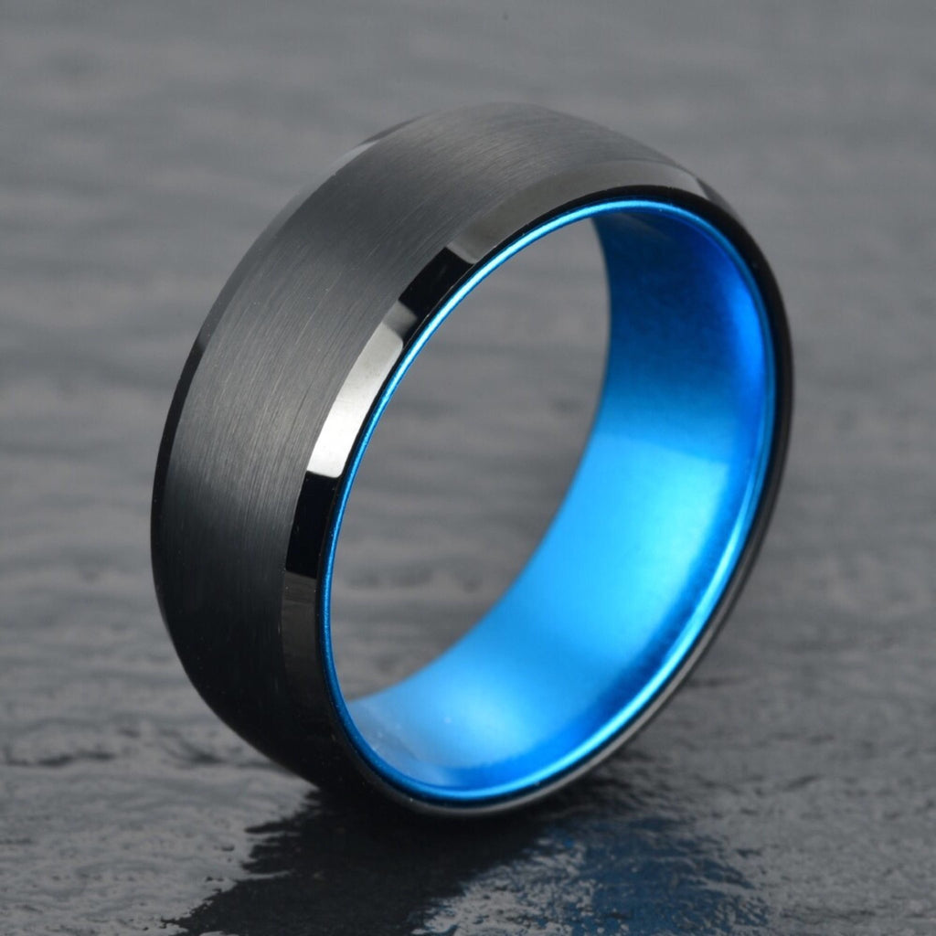 Black Tungsten Pristine Blue Men's Wedding Band 8MM - Rings By Pristine
