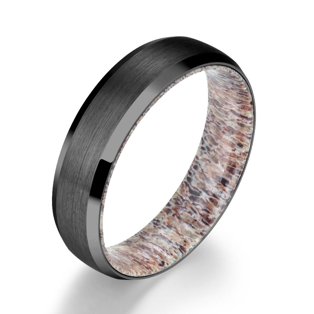 Black Tungsten Ring Exotic Antler Sleeve Men's Wedding Band 4MM-6MM - Rings By Pristine