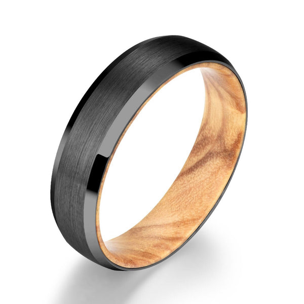 Black Tungsten Ring Exotic Olive Wood Men's Wedding Band 4MM-8MM - Rings By Pristine
