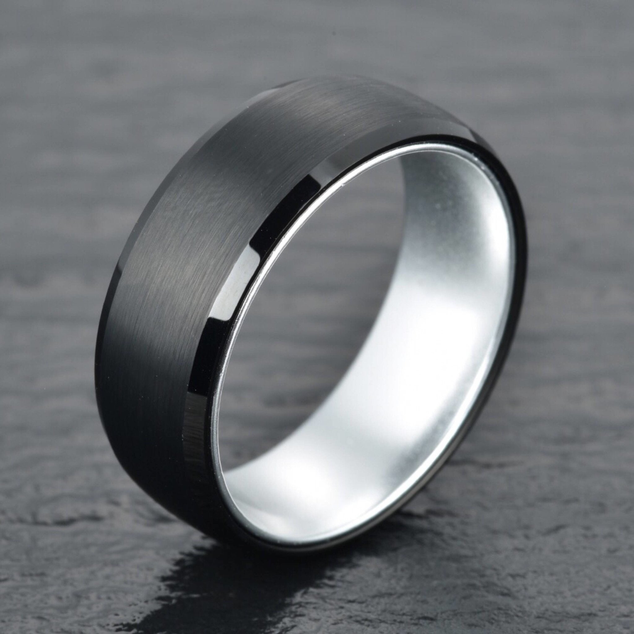 Detroit - Brushed Beveled Black Tungsten Ring with Polished Edges