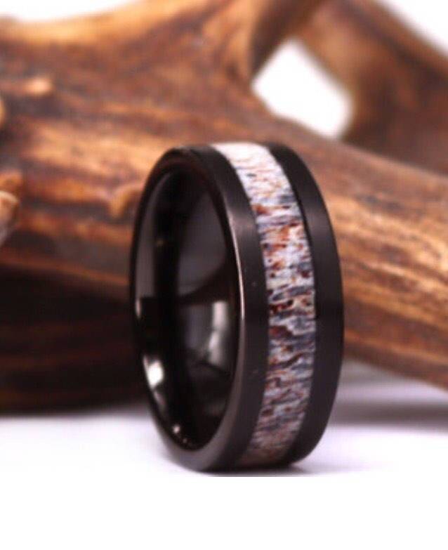 Black Tungsten Wedding Ring Exotic Antler Men's Wedding Band 8MM - Rings By Pristine