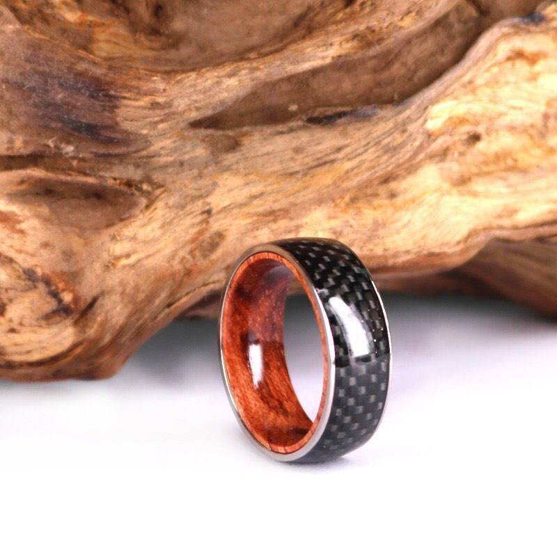 Carbon Fiber Exotic Rose Wood Men's Wedding Band 8MM - Rings By Pristine