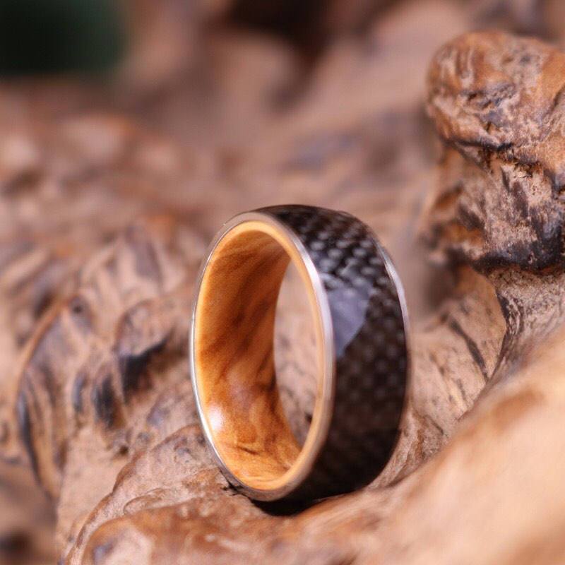 Carbon Fiber Ring Exotic Koa Wood Men's Wedding Band 8MM - Rings By Pristine