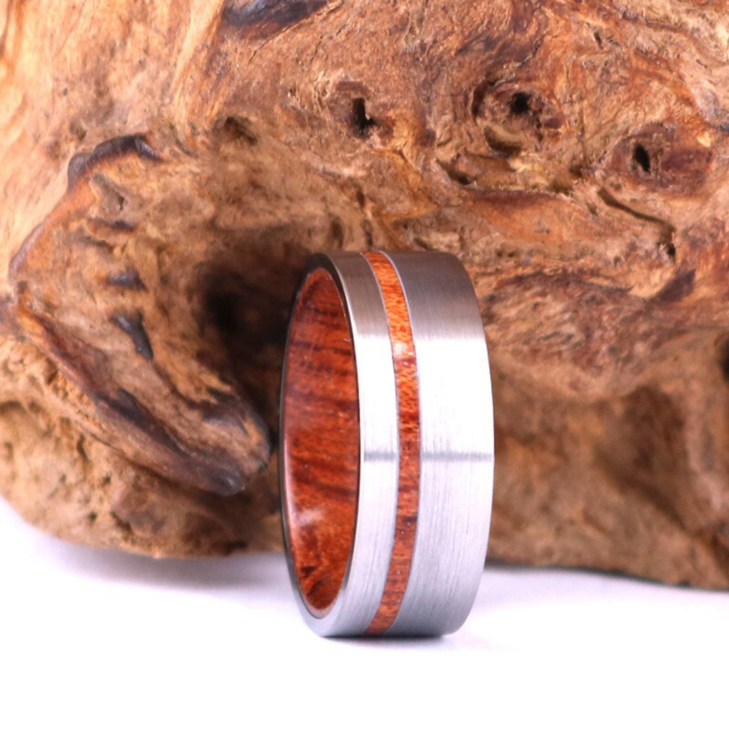 Custom Silver Tungsten Ring Exotic Red Wood Men's Wedding Band 8MM - Rings By Pristine