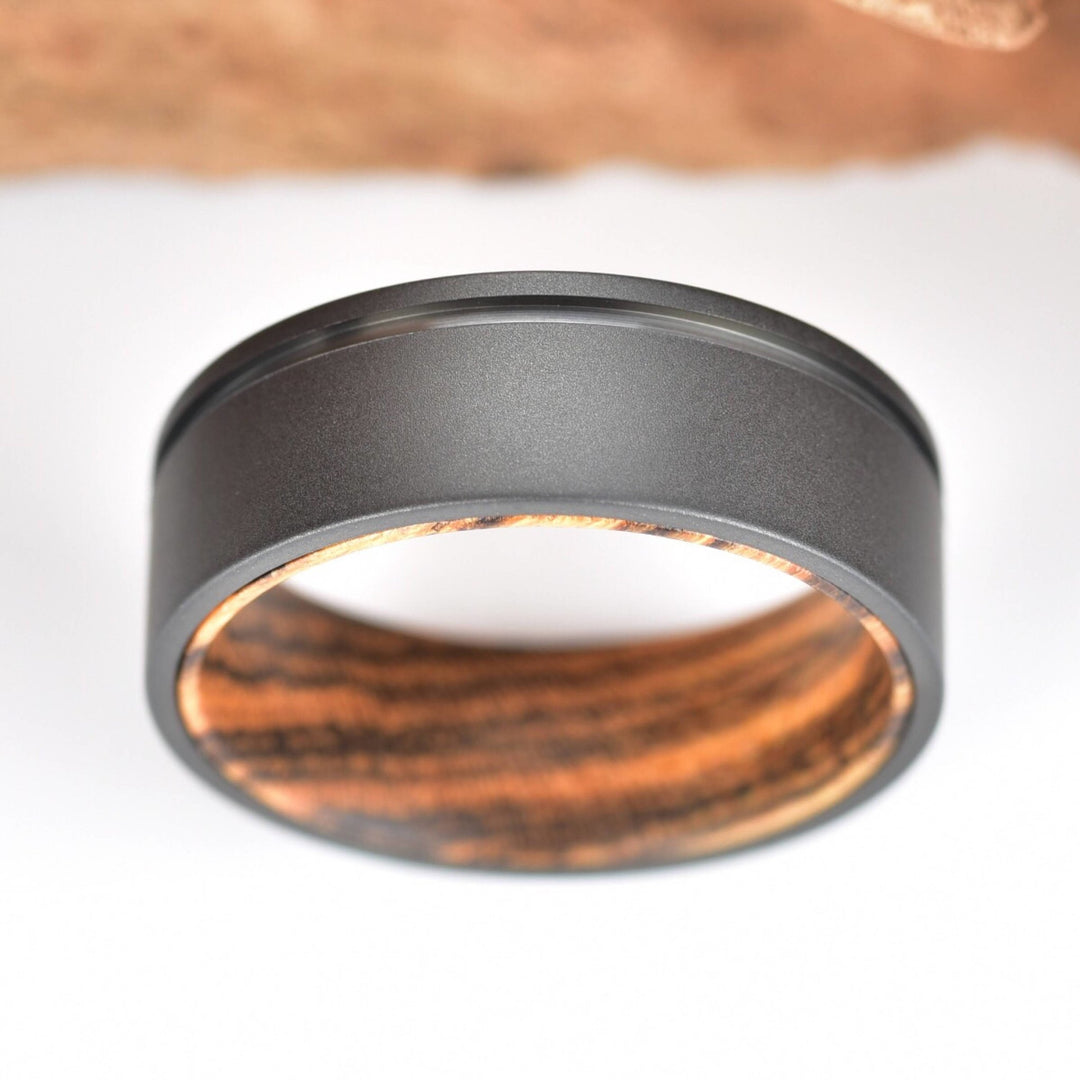 Gun Metal Gray Titanium Ring Exotic Bocote Wood Men's Wedding Band 6MM-8MM - Rings By Pristine