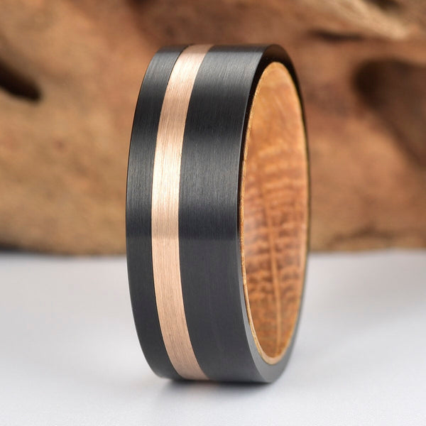 Whisky Barell Wood Mens Wedding Ring Black Tungsten Rose Tungsten Bourbon Whisky Wood Lined Whisky Barrel White Oak Mens Wedding Band - Rings By Pristine 