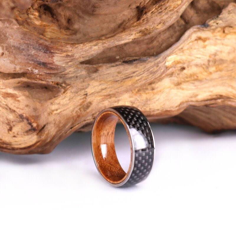 Koa Wood Carbon Fiber Wood Lined Ring 8MM - Rings By Pristine