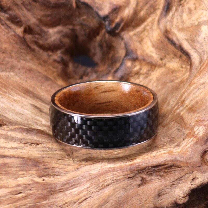 Koa Wood Carbon Fiber Wood Lined Ring 8MM - Rings By Pristine