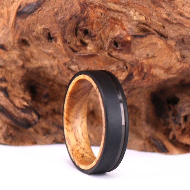 Koa Wood Wedding Ring, Titanium Wedding Band, Wood Ring, Mens Wedding Band, Black Titanium RIng, Koa Wood Wedding Ring, Sandblasted, Ring - Rings By Pristine