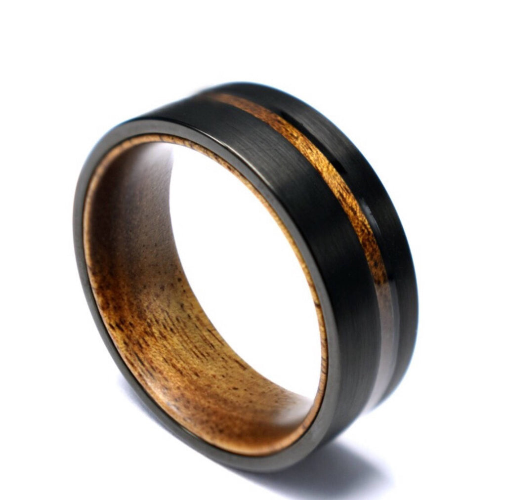 Wood Rings, Koa Wood Wedding Bands, 2 Piece Set Black Tungsten
