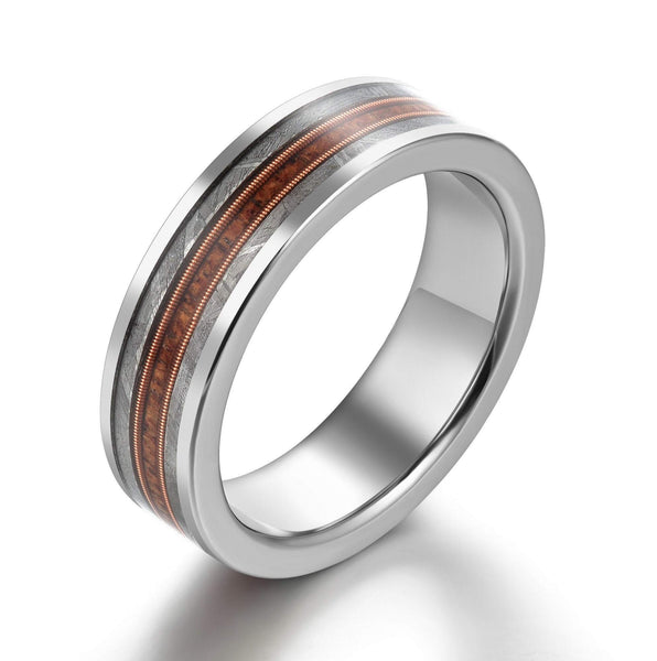 Meteorite & Whisky Barrel Wood Guitar String Titanium Mens Wedding Ban