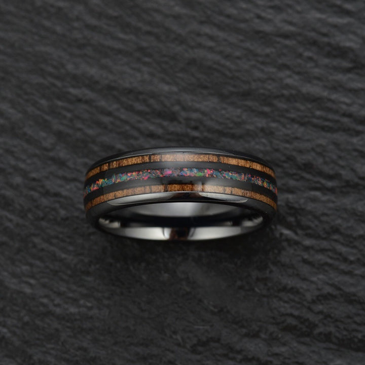 Opal and Koa Wood Black Ceramic Men's Wedding Band 6MM-8MM - Rings By Pristine