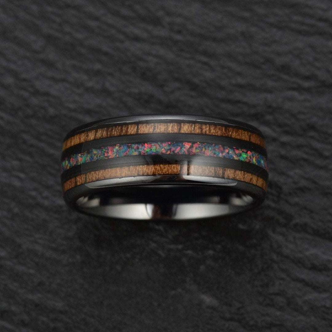 Opal and Koa Wood Black Ceramic Men's Wedding Band 6MM-8MM - Rings By Pristine