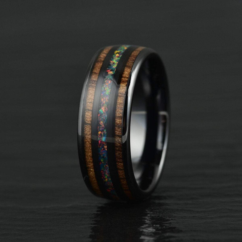 Opal and Koa Wood Black Ceramic Men's Wedding Band 6MM-8MM - Rings By Pristine