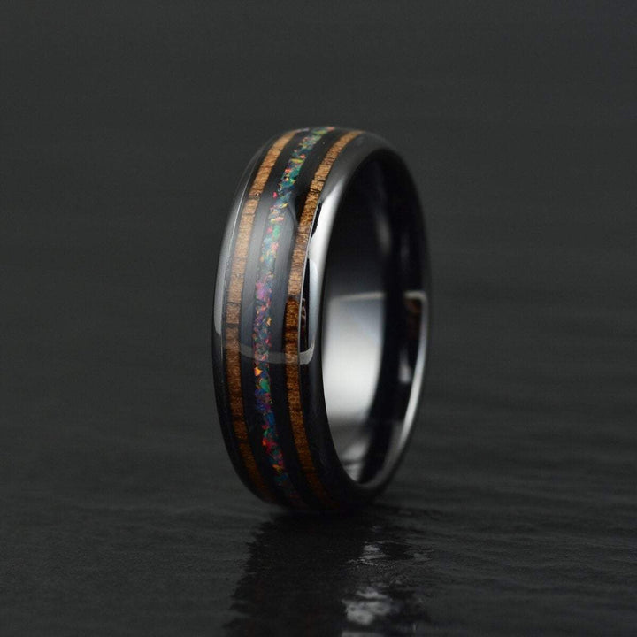 Opal and Koa Wood Black Ceramic Men's Wedding Band 6MM-8MM - Rings By Pristine