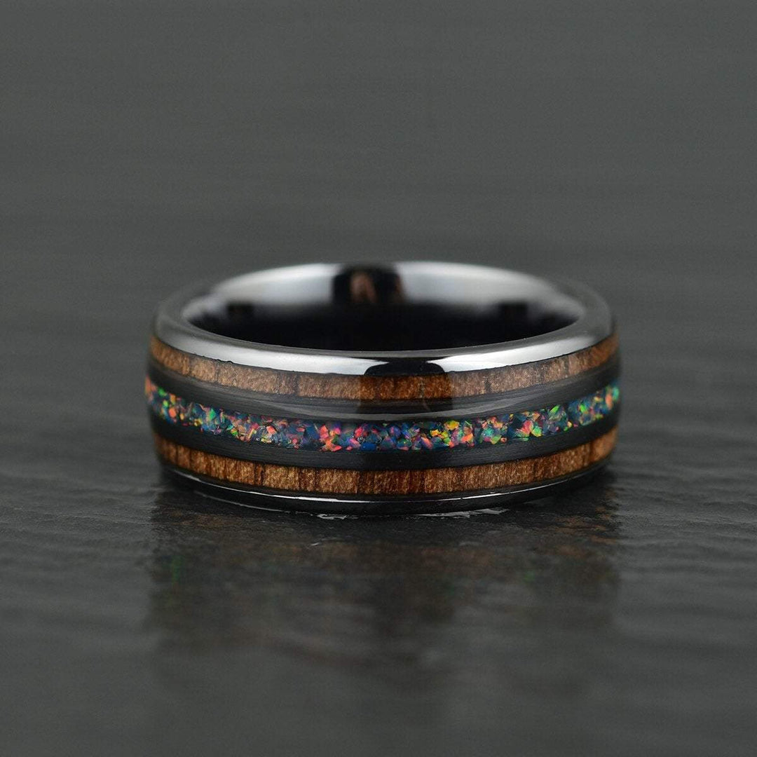 Opal and Koa Wood Black Ceramic Men's Wedding Band 6MM-8MM - Rings By Pristine