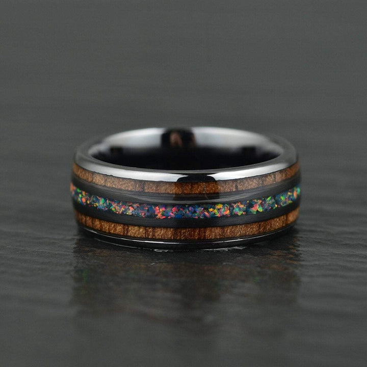 Opal and Koa Wood Black Ceramic Men's Wedding Band 6MM-8MM - Rings By Pristine