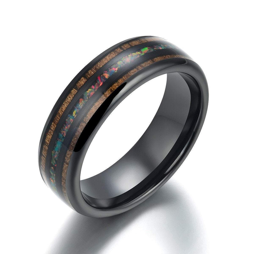 Opal and Koa Wood Black Ceramic Men's Wedding Band 6MM-8MM - Rings By Pristine