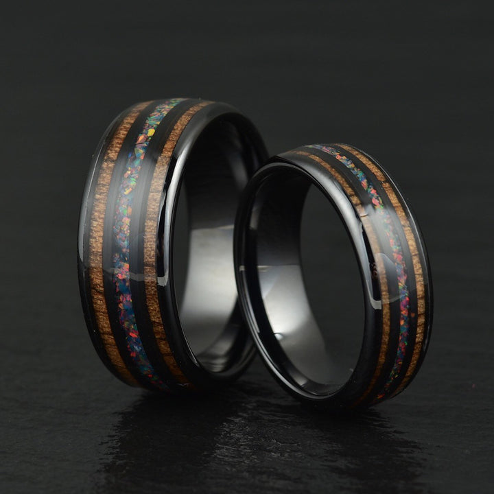 Opal and Koa Wood Black Ceramic Men's Wedding Band 6MM-8MM - Rings By Pristine