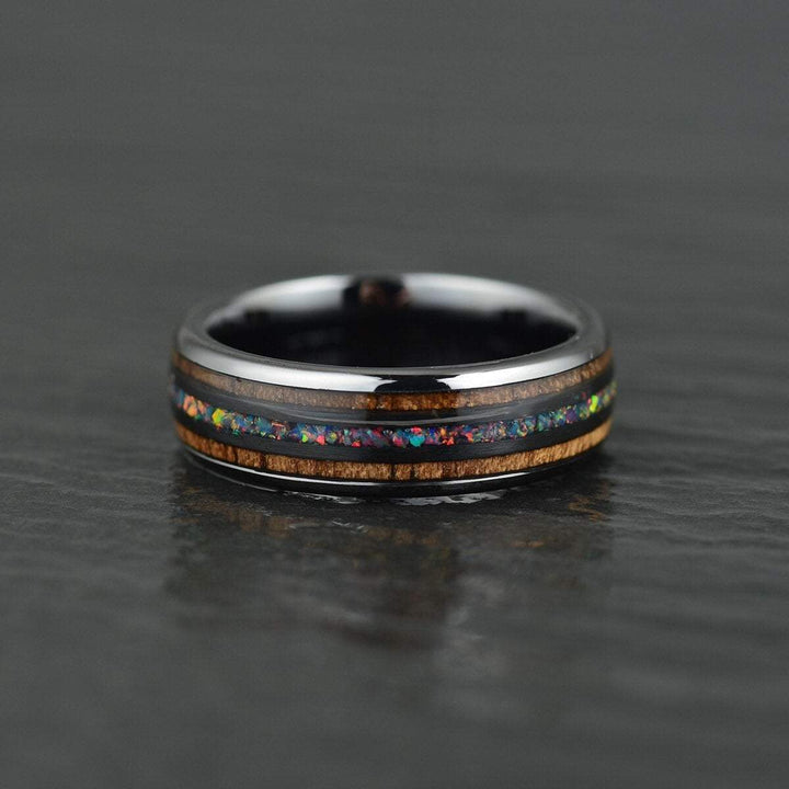 Opal and Koa Wood Black Ceramic Men's Wedding Band 6MM-8MM - Rings By Pristine