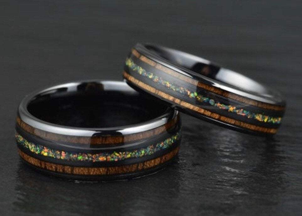 Opal Koa Wood Black Ceramic Ring His and Her Wedding Band Set Custom Rings By Pristine - Rings By Pristine