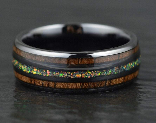 Opal Koa Wood Black Ceramic Ring His and Her Wedding Band Set Custom Rings By Pristine - Rings By Pristine