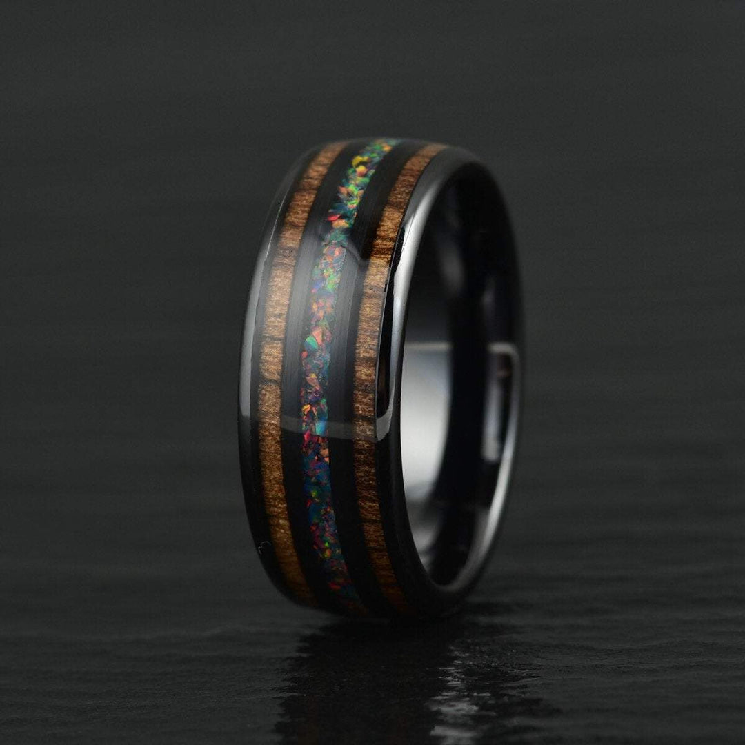 Opal Wedding Band with Koa Wood Black Ceramic - Rings By Pristine