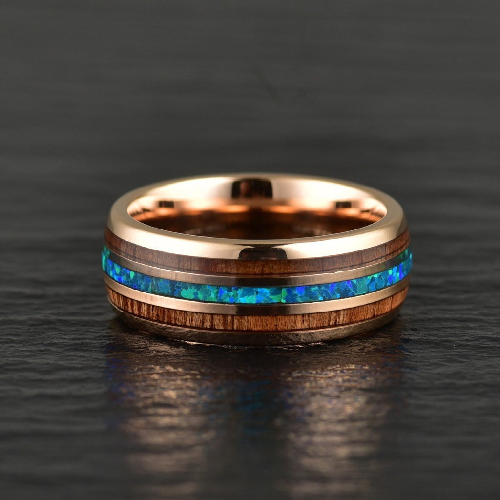 Rose Tungsen Band | Koa Wood | Opal | Wedding Band | His & Her Matchin ...